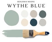 Benjamin Moore WYTHE BLUE Color Palettes, Coastal Color Scheme, Wythe Blue Coordinating Colors for Whole House, Modern Coastal Paint Palette