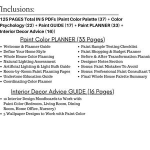 May include: A list of interior design resources, including a paint color planner and interior decor advice guide. The image lists the contents of 5 PDFs with 125 pages total, covering topics like color psychology, paint guides, and planning.