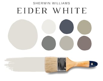 May include: A paint color palette from Sherwin Williams, featuring the color "Eider White." The image displays a paint brush with a swatch of the color, along with a selection of 16 coordinating colors in a variety of neutral tones.