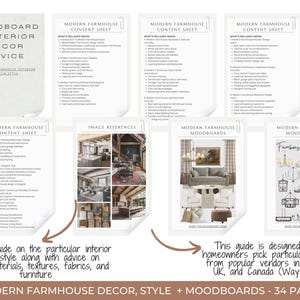 May include: A collection of guides and moodboards for modern farmhouse interior design. The guides cover content sheets, image references, and moodboards. The guides are designed to help homeowners pick elements from popular vendors.