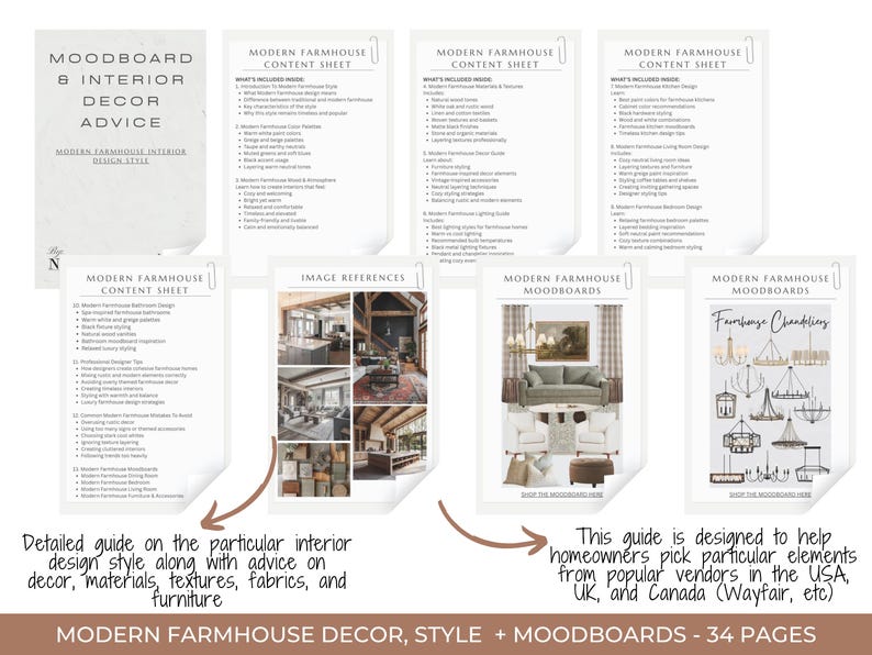 May include: A collection of guides and moodboards for modern farmhouse interior design. The guides cover content sheets, image references, and moodboards. The guides are designed to help homeowners pick elements from popular vendors.