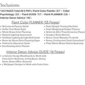 Puede incluir: Una lista de recursos de dise&ntilde;o de interiores, que incluye un planificador de color de pintura y una gu&iacute;a de asesoramiento de decoraci&oacute;n de interiores. La imagen enumera el contenido de 5 archivos PDF con un total de 125 p&aacute;ginas, que cubren temas como la psicolog&iacute;a del color.