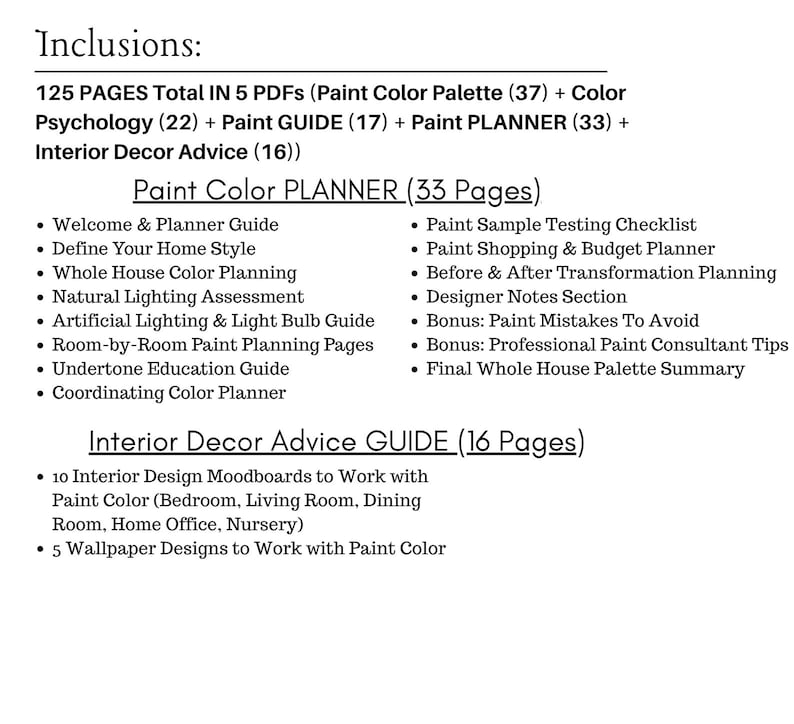Puede incluir: Una lista de recursos de dise&ntilde;o de interiores, que incluye un planificador de color de pintura y una gu&iacute;a de asesoramiento de decoraci&oacute;n de interiores. La imagen enumera el contenido de 5 archivos PDF con un total de 125 p&aacute;ginas, que cubren temas como la psicolog&iacute;a del color.