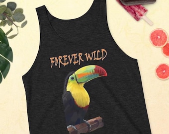 Tanktop Forever Wild Rainbow-Billed Toucan, mouwloos shirt tropische vogel, unisex op de natuur geïnspireerde kleding