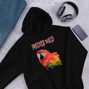 Macaw Hoodie, Bird Hoody, Parrot Gifts for Parrot Lover, Birding Hoodie, Forever Wild Scarlet Macaw Hoodie, Macaw Clothing, Animal Pullover