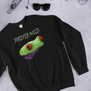Tropical Frog Sweatshirt, Frog Lover Gift, Cute Frog Pullover, Save Frogs, Forever Wild Red Eyed Tree Frog Sweatshirt, Green Frog Jumper