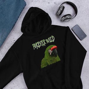 Parrot Hoodie to Save Tropical Parrots, Macaw Lover Gift, Green Macaw Pullover Helps Endangered Parrot Conservation, Bird Hooded Sweatshirt