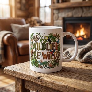 Puede incluir: Taza de cerámica blanca con un diseño envolvente con el texto "WILDLIFE BE WILD" rodeado de ilustraciones de un perezoso, un tucán, mariposas y otros animales salvajes. La taza está sobre una mesa de madera.