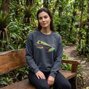 Frog Sweatshirt, Tropical Wildlife Pullover, Conservation Gift, Nature Themed Unisex Crewneck, Red-Eyed-Tree-Frog Apparel