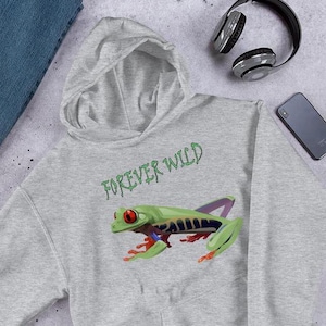 Frog Hoodie, Green Frog Hoody, Frog Pullover as Frog Lover Gifts, Wildlife Hoodie, Animal Pullover, Frogging Hoodie, Forever Wild Frogs