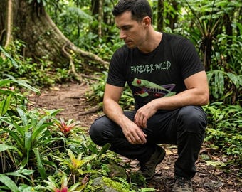 T-shirt met kikkerprint, T-shirt met tropische dieren, cadeau geïnspireerd op de natuur, T-shirt met natuurbeschermingsthema, Forever-Wild roodogige boomkikker met korte mouwen