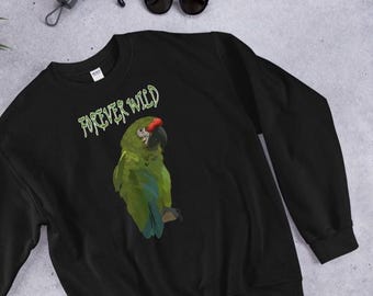 Sudadera verde con estampado de guacamayo, ropa para la conservación de la vida silvestre con temática de loros tropicales.