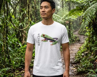 T-shirt met kikkerprint, T-shirt met tropische dieren, Red de kikkers, Cadeau voor natuurbescherming, Kleding ter bescherming van de roodoogboomkikker