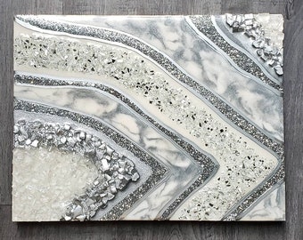 Moderne witte en zilveren hars geode kunst aan de muur / geode hars kunst aan de muur / hars kunst / luxe kunst / abstracte kunst / hars schilderij / cadeau 11,6 "x 9"