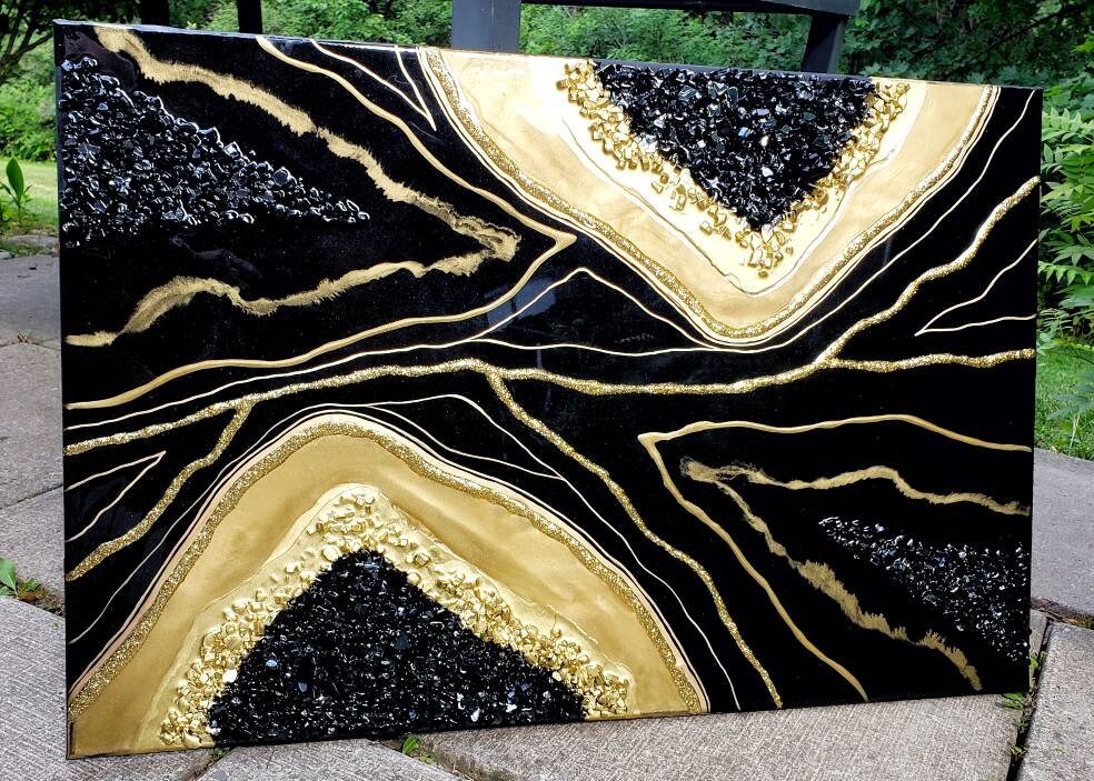 Large Black and Gold Resin Geode Wall Art / Geode Resin Wall Art
