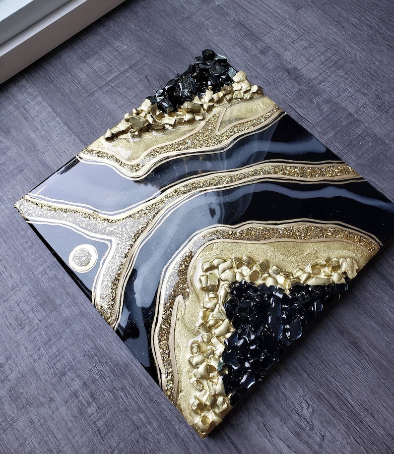 Mini Black and Gold Resin Geode Wall Art / Geode Resin Art / Etsy