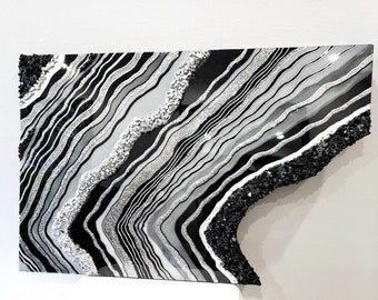 Zwarte hars geode kunst aan de muur / moderne Agaat geode hars kunst aan de muur / zilveren geode hars schilderij / luxe kunst / abstracte kunst / hars kunst / cadeau