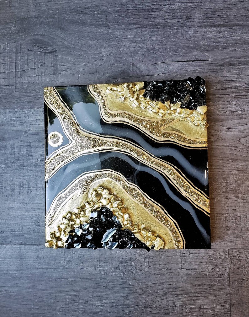Mini Black and Gold Resin Geode Wall Art / Geode Resin Art / Etsy