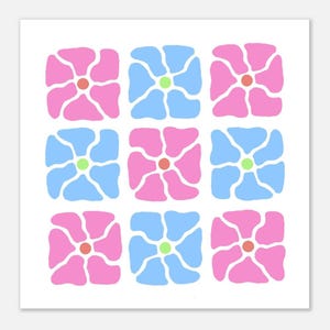 Arte mural con flores elegantes en rosa y azul: estampado floral retro de los años 70, decoración de habitación con estética bohemia y colorida, hecho a medida.
