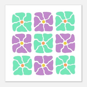 Arte mural con flores elegantes en verde y morado: estampado floral retro de los años 70, decoración de habitación con estética bohemia y colorida, hecho a medida.