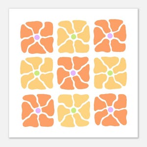 Arte mural con flores elegantes en naranja y amarillo: estampado floral retro de los años 70, decoración de habitación con estética bohemia y colorida, hecho a medida.