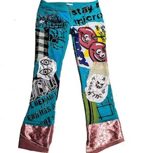 33&quot; Unique Handmade Jeans Custom scene rave punk rock goth emo metal cyberpunk tribal symbol graphic print crust cool fantasy festival y2k