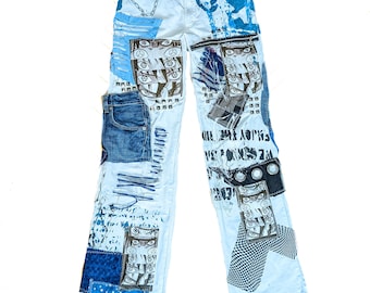 Custom white pants with sasuke uchiha eyes, naruto inspired, with chains, eyelets and studs