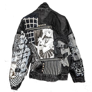 Custom patchwork denim jacket anime goth rework, one of a kind fave festivals unique artwear