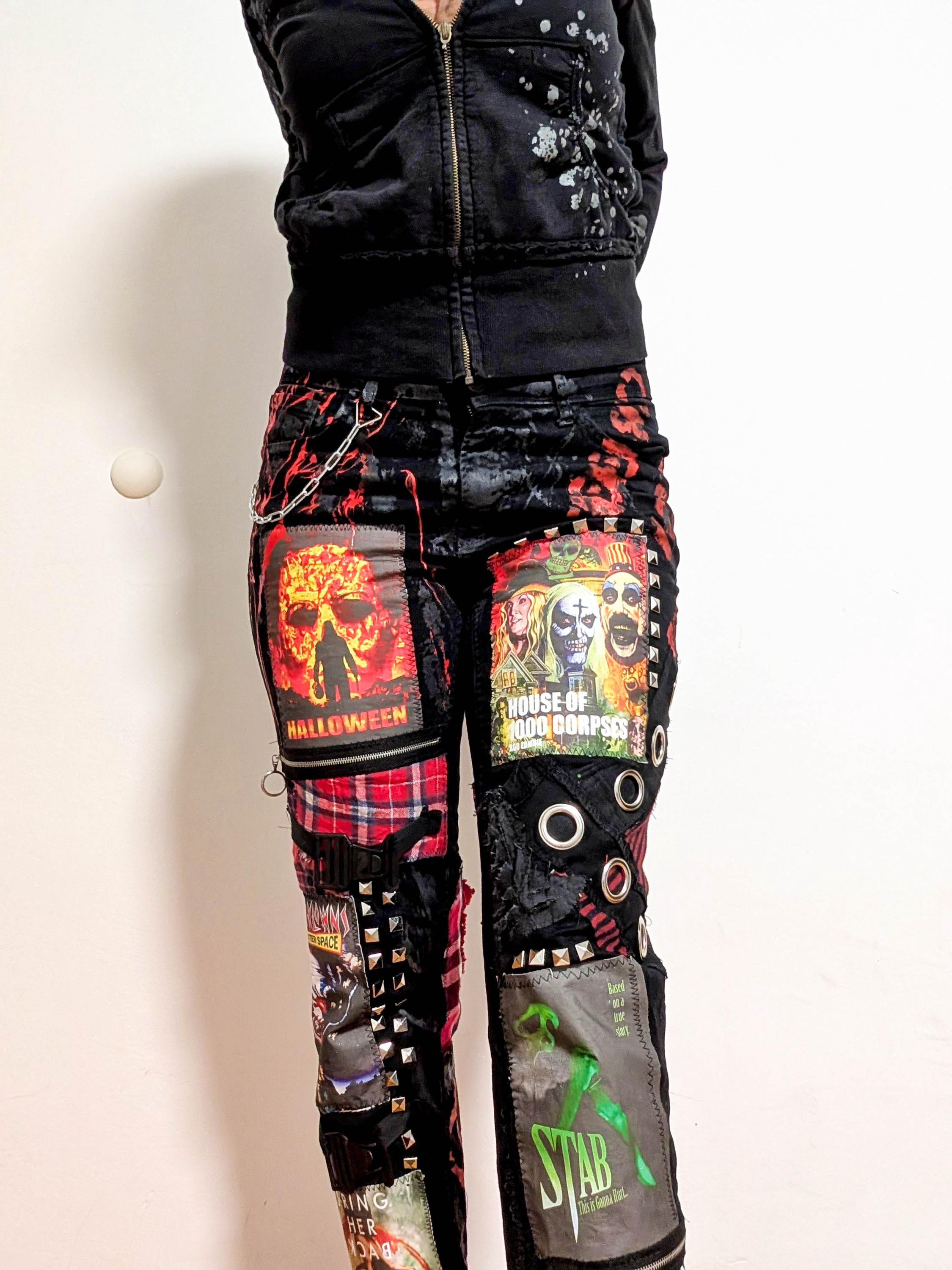 Custom Handmade Horror Patchwork Pants, Distressed Punk Goth With