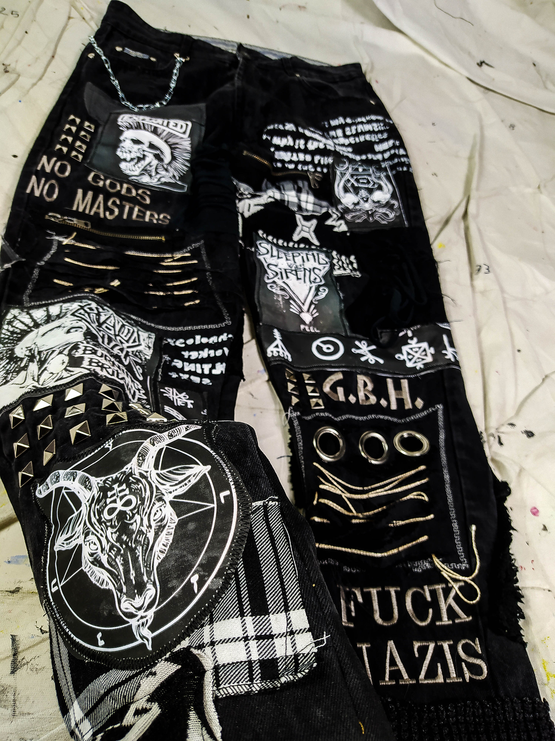 Custom Patchwork Ripped Punk Pants, Embroidered Cyber Goth Style