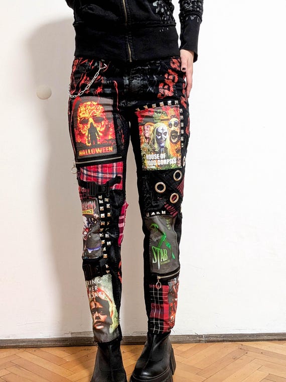 Custom Handmade Horror Patchwork Pants, Distressed Punk Goth With