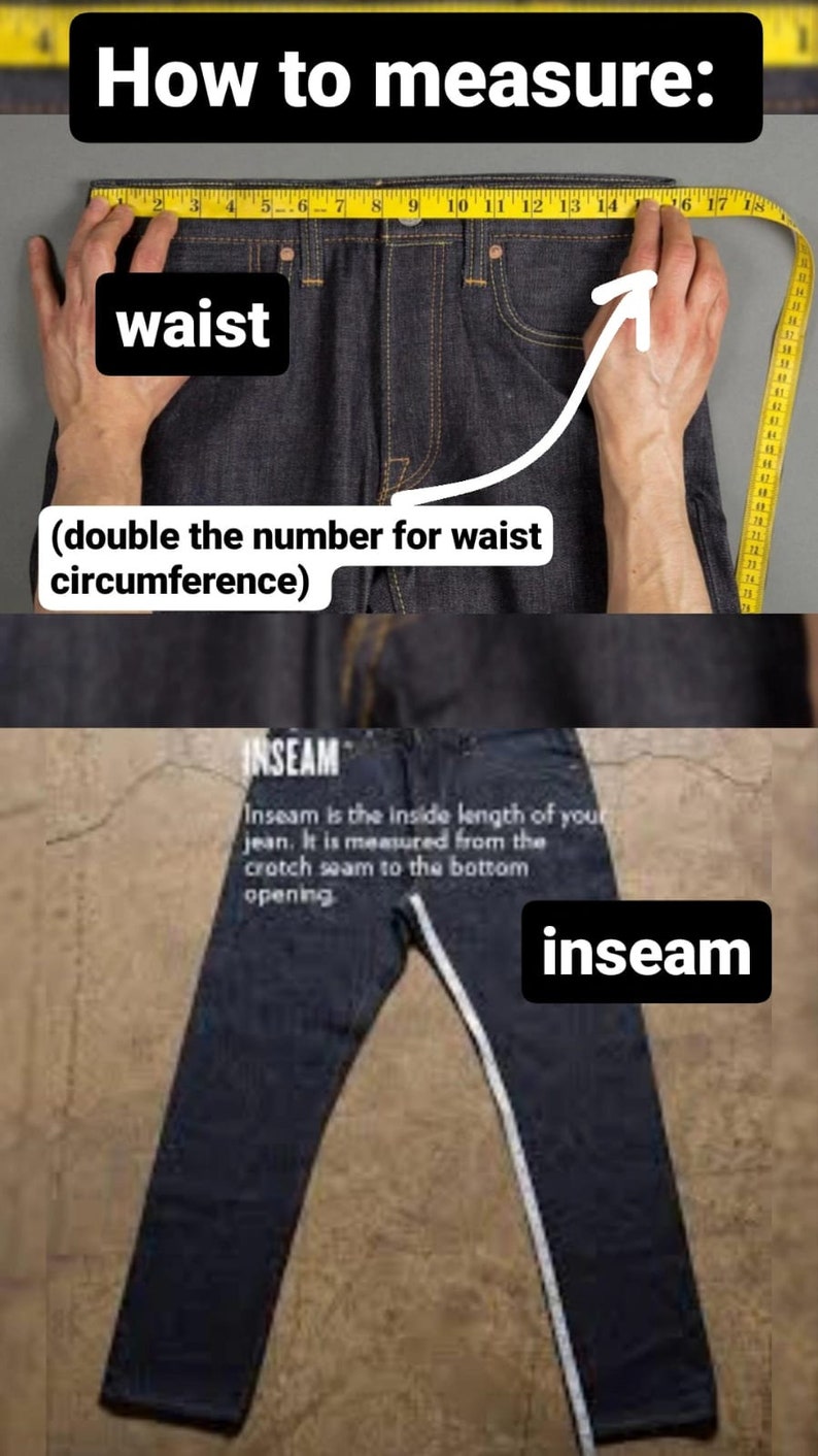 Peut inclure: Diagramme montrant comment mesurer la taille et l'entrejambe d'un jean. La mesure de la taille est prise autour de la partie la plus &eacute;troite de la taille, et l'entrejambe est mesur&eacute;e de la couture de l'entrejambe &agrave; l'ouverture inf&eacute;rieure de la jambe.