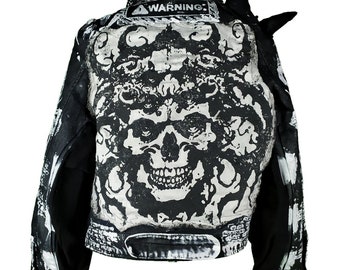 S-M Crop Unique handmade hooded custom punk rock goth fantasy emo metal rave festival spikes rockstar skull apocalyptic cool denim jacket