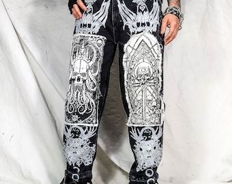 Custom print skull punk rock illustration goth metal emo dark abstract patchwork streetwear designer 1of1 fantasy jeans