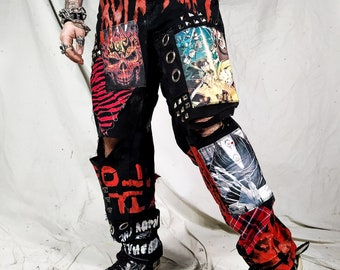 Custom edgy red skull punk rock ripped goth metal emo dark abstract patchwork streetwear designer 1of1  jeans