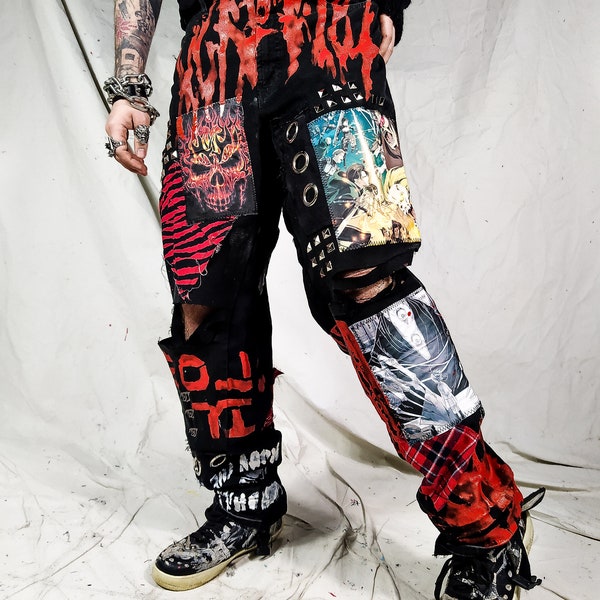 Custom edgy red skull punk rock ripped goth metal emo dark abstract patchwork streetwear designer 1of1  jeans