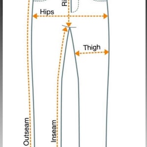 Peut inclure: Diagramme montrant comment mesurer diff&eacute;rentes parties d'un pantalon, y compris la taille, les hanches, la hauteur, la cuisse, l'entrejambe, la longueur totale et l'ouverture de la jambe.