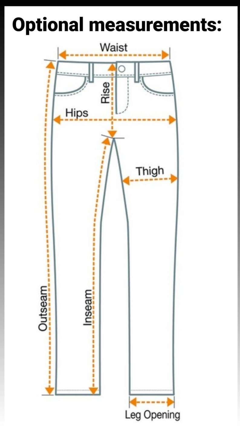 Peut inclure: Diagramme montrant comment mesurer diff&eacute;rentes parties d'un pantalon, y compris la taille, les hanches, la hauteur, la cuisse, l'entrejambe, la longueur totale et l'ouverture de la jambe.