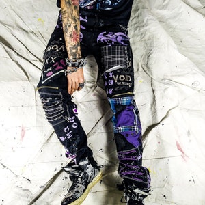 Custom handmade purple punk rock goth emo metal cyber dark ripped crazy weird funky crust festival jeans vegan cyber