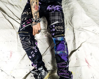 Custom purple punk rock goth emo metal cyber dark ripped crazy weird funky crust festival jeans vegan cyber