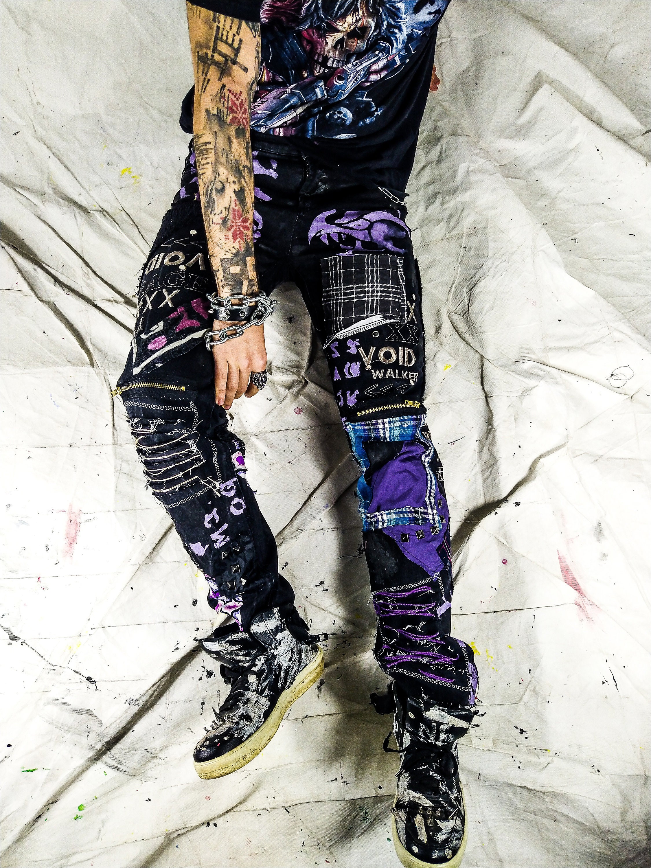 Custom Purple Punk Rock Goth Emo Metal Cyber Dark Ripped Crazy Weird Funky  Crust Festival Jeans Vegan Cyber 