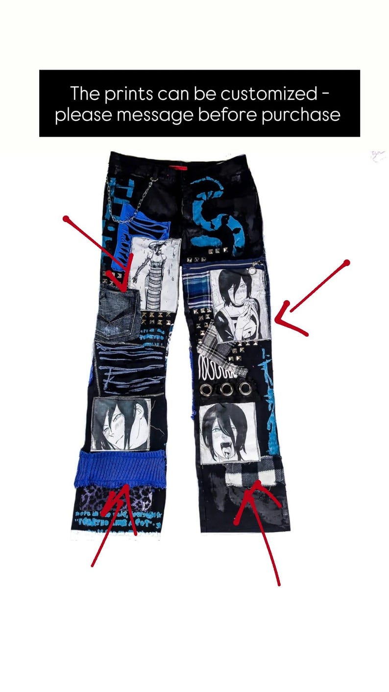 Personnalisé fait main anime manga japonais harajuku kawaii rock punk metal croûte festival pantalon vegan cyber image 4