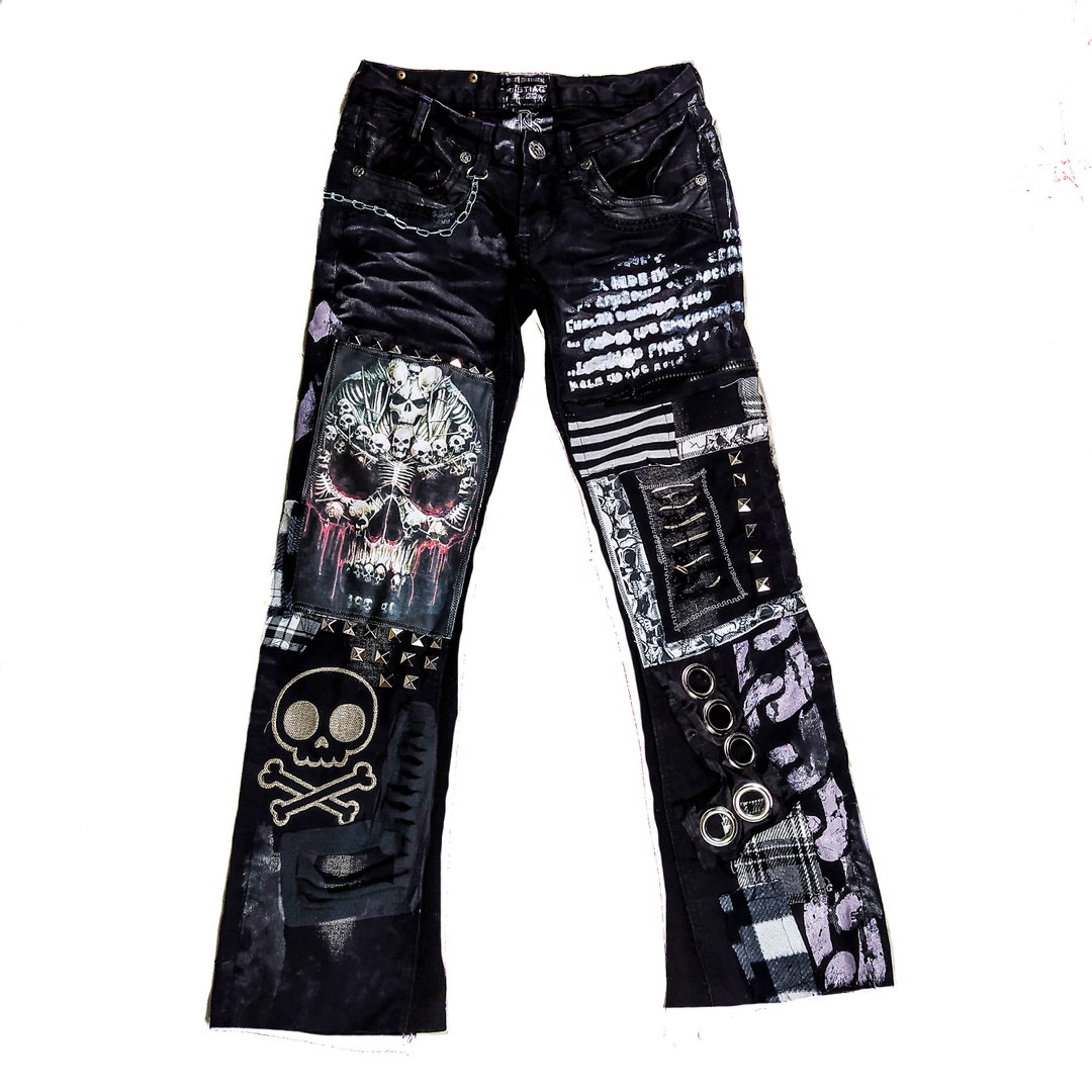 Custom Skull Punk Rock Chain Emo Goth Metal Crust Festival Pants Cyber ...