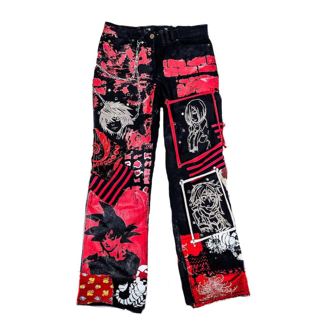 Custom Handmade Anime Embroidery Pants With Chains, Rivets