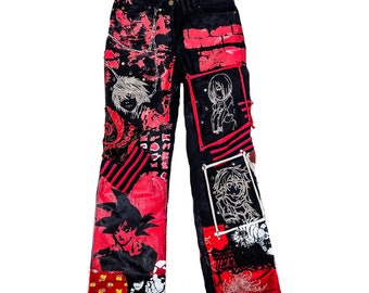 Custom anime embroidery pants with chains, rivets, studs, punk, techwear, streetwear goth punk emo rock metal crust festival cyber