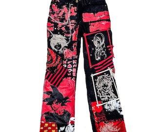 Custom anime embroidery pants with chains, rivets, studs, punk, techwear, streetwear goth punk emo rock metal crust festival cyber