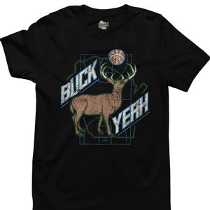 May include: Black t-shirt with a vintage-style graphic of a deer with antlers, a basketball, and the text "BUCK YERH".