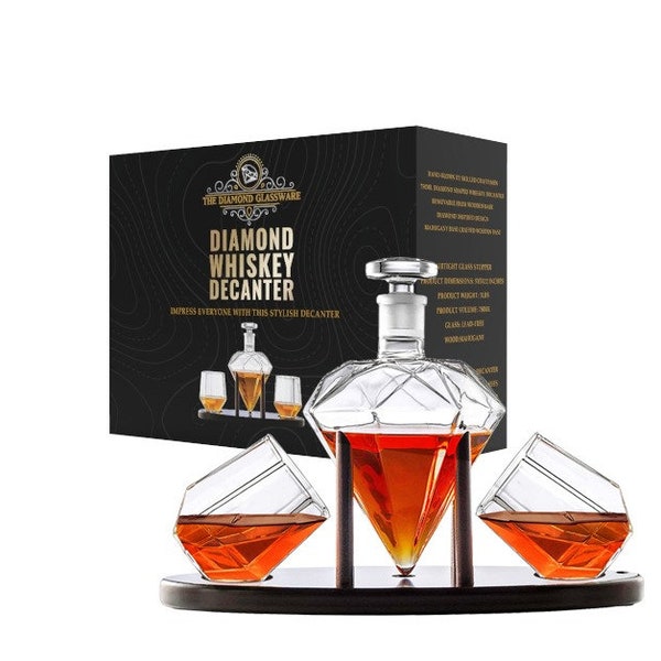 Whiskey Decanter Diamond shaped With 2 Diamond Glasses & Mahogany Wooden Holder – Elegant Handcrafted Decanter – Great Gift Idea – 750ml