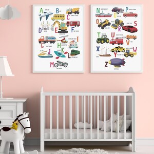 Vehicles Alphabet Posters Set of 2 | DIGITAL DOWNLOAD | Montessori Educational Posters For Kids Boys Girls Nursery Rooms Learning Letters