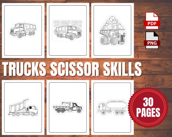 Trucks Scissor Skills INSTANT DOWNLOAD 30 PAGES Coloring Pages for Kids,  Boys and Girls Ages 4-8 